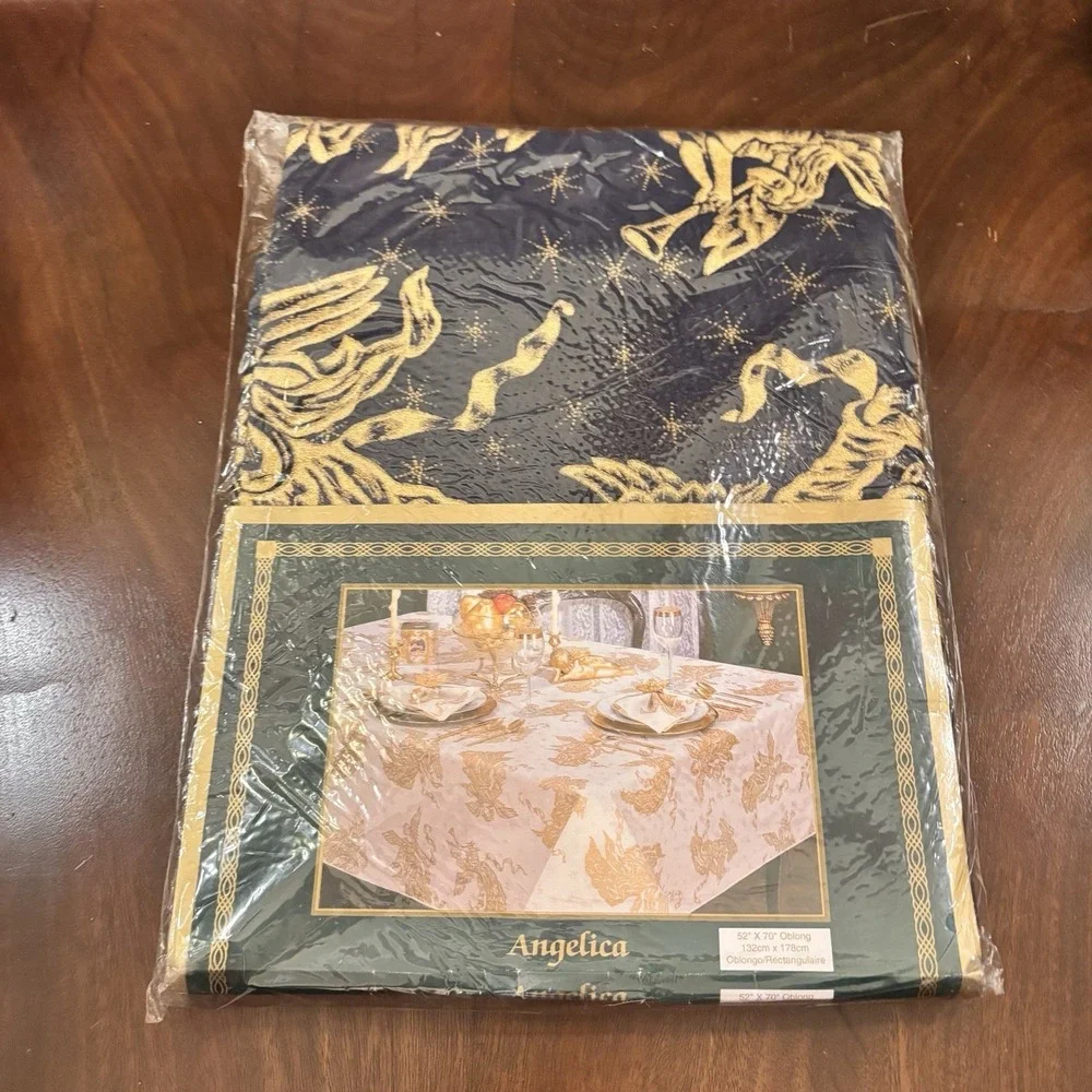Vintage Bardwil Angelica Angel Cherub Tablecloth 52x70 Navy Gold New Sealed